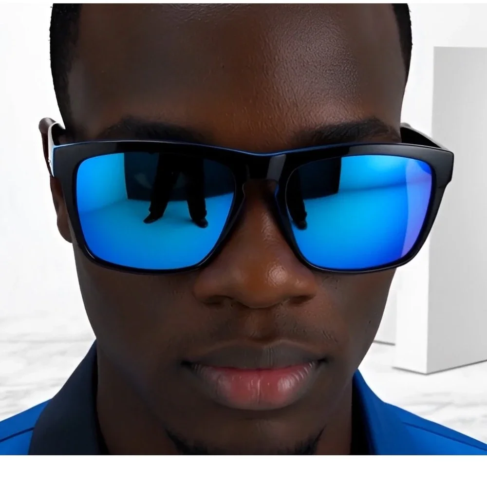 Polarized Sunglasses Men Blue Mirror Lens Black Blue Frame Sporty Style Athletic